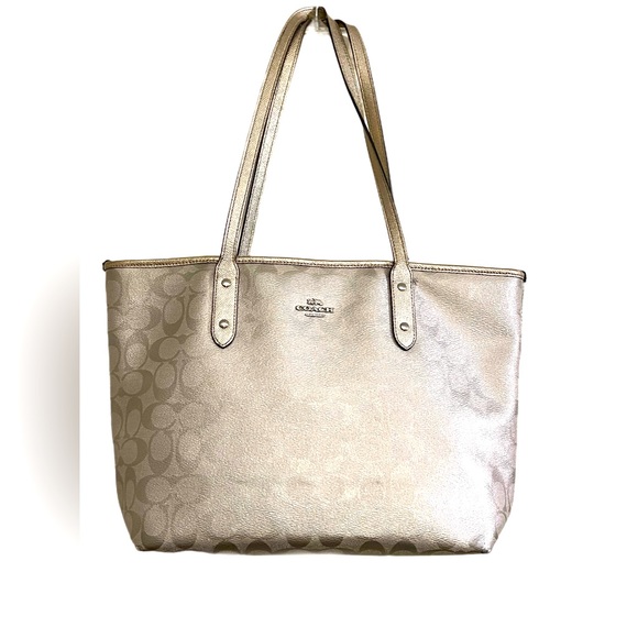 Coach Handbags - *RARE* Coach City Zip Tote Signature Metallic Gold Platinum Bag.